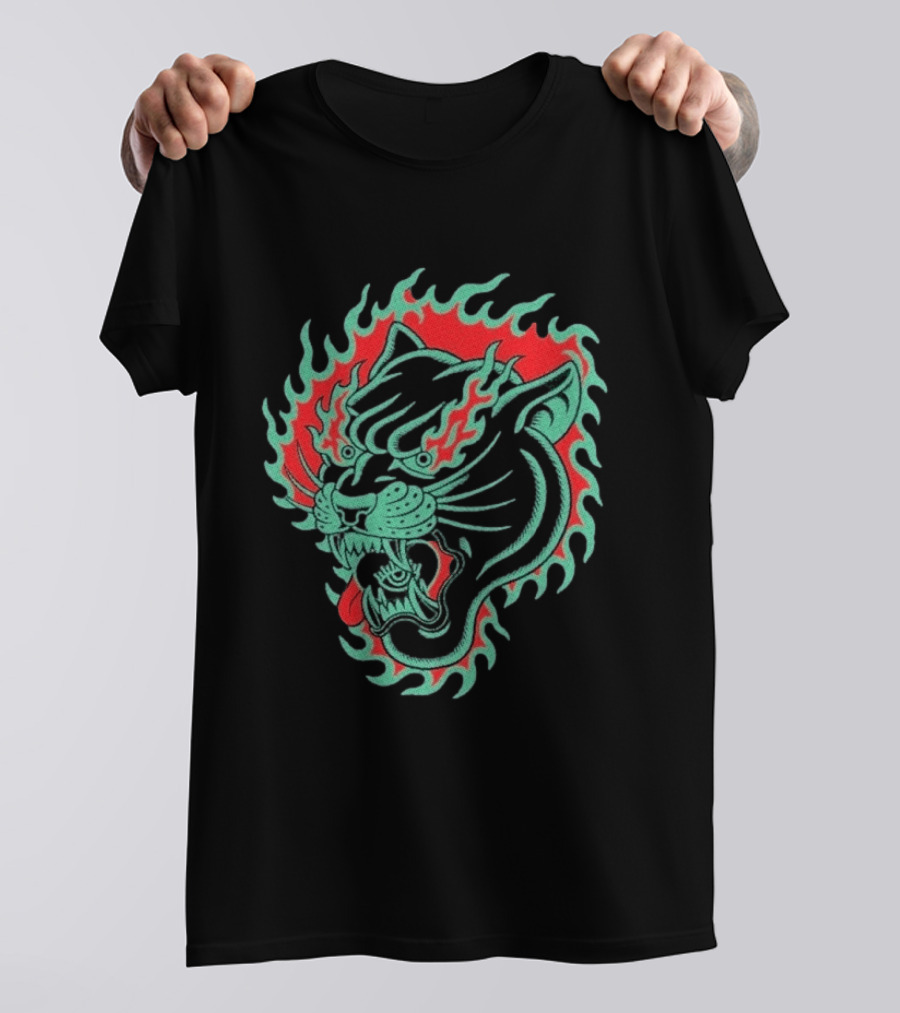 Bad Monday Panther Bite Heavy Flaming Green Red Panther T-Shirt
