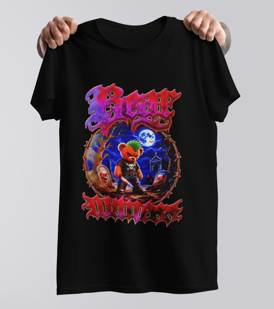 Bear Killers Punk Teddy Bear With Knife And Moonlit Graveyard Scene T-Shirt