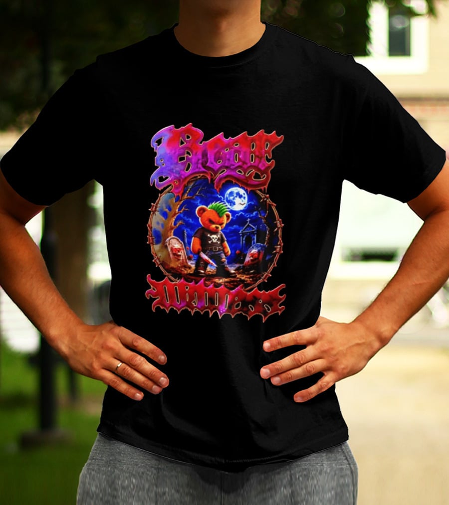 Bear Killers Punk Teddy Bear With Knife And Moonlit Graveyard Scene T-Shirt