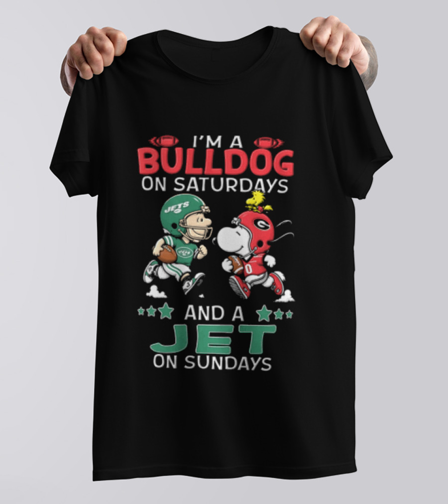 Charlie Brown Snoopy Woodstock I'm A Bulldog On Saturdays And A Jet On Sundays NCAAF NFL T-Shirt