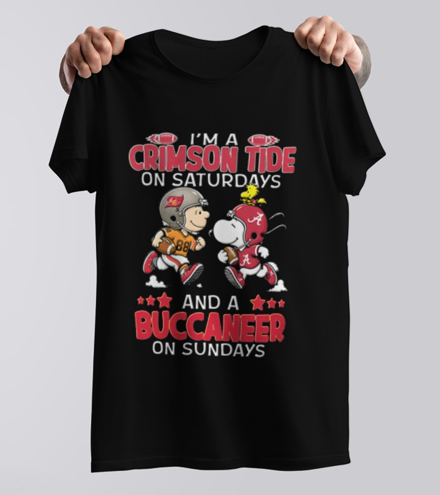 I'm A Crimson Tide On Saturdays And A Buccaneer On Sundays Charlie Brown Snoopy Woodstock T-Shirt