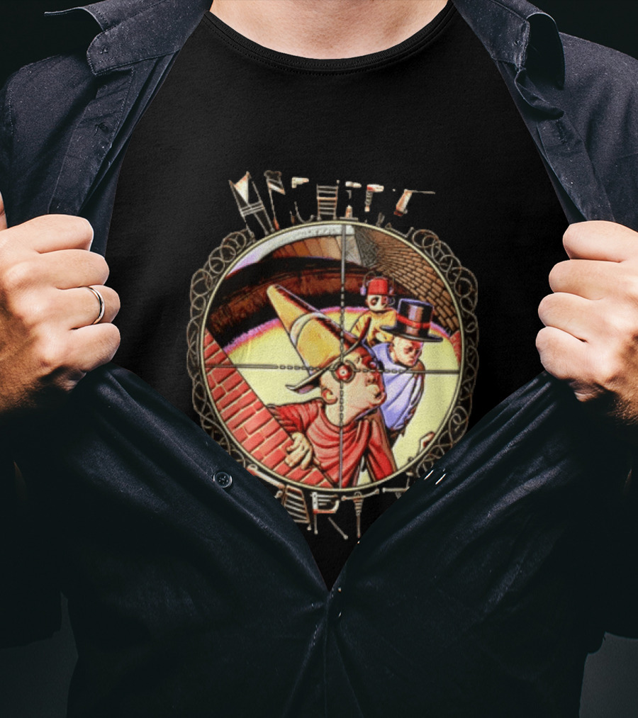 Machine Party Surreal Dark Fantasy Dystopian Vintage Cartoon Target Crosshair T-Shirt