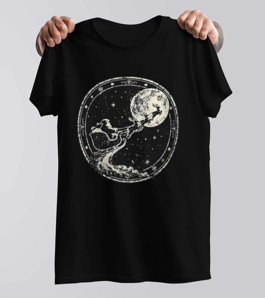 Santa Sleigh Flying Across Moonlit Night Vintage Stamp Christmas T-Shirt