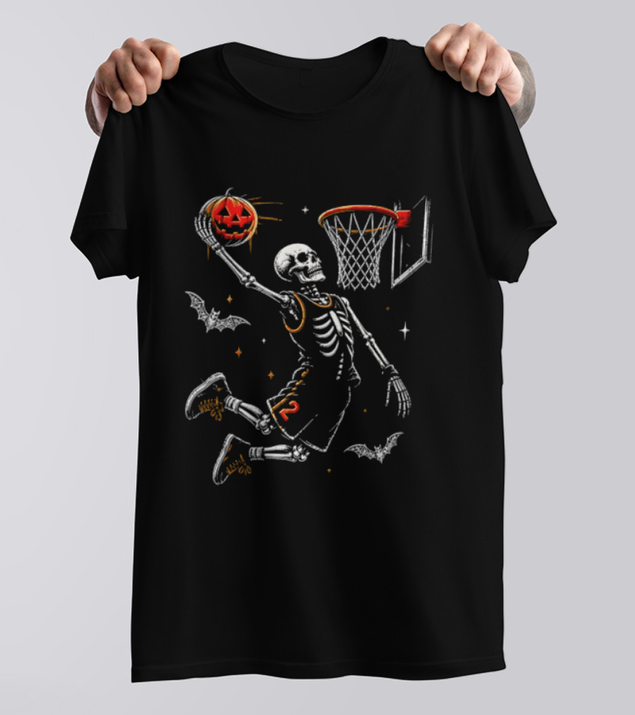 Halloween Skeleton Basketball Dunking Pumpkin Spooky Bats T-Shirt
