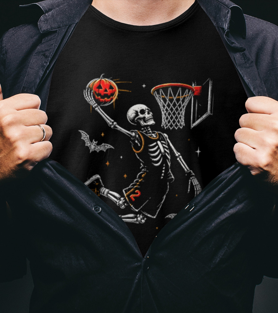Halloween Skeleton Basketball Dunking Pumpkin Spooky Bats T-Shirt