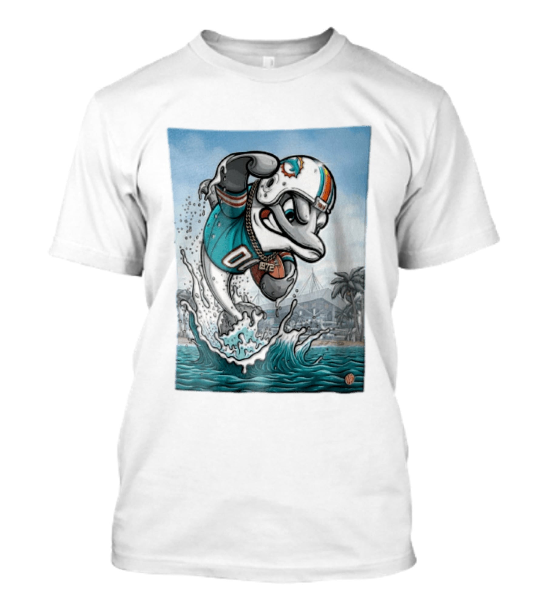 Miami Dolphins Garo Yepremian Fins Up 1972 Cartoon Dolphin Helmet Football T-Shirt
