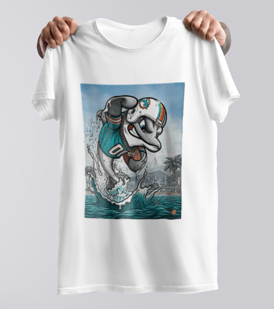 Miami Dolphins Garo Yepremian Fins Up 1972 Cartoon Dolphin Helmet Football T-Shirt