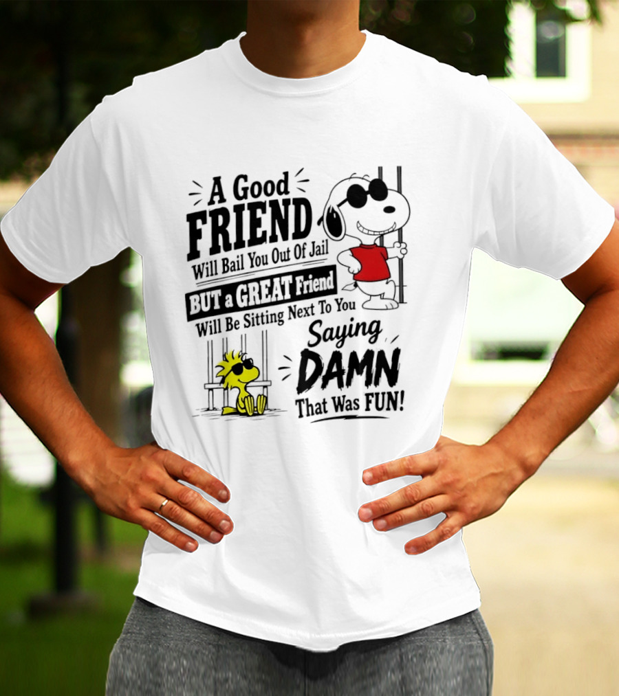 Snoopy And Woodstock A Good Friend Will Bail You Out Of Jail A Great Friend Will Be Sitting Next To You Saying Damn That Was Fun T-Shirt