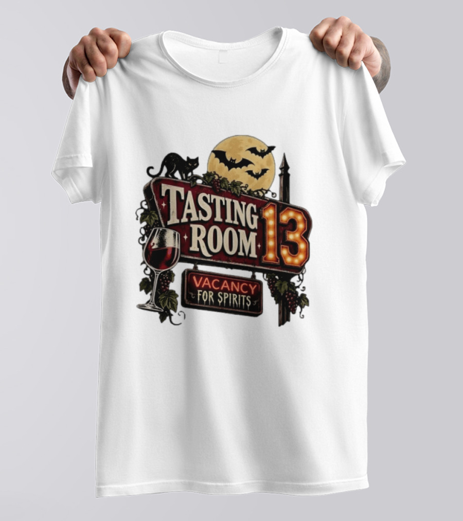 Tasting Room 13 Vacancy For Spirits Halloween Wine Moon Bats Cat T-Shirt
