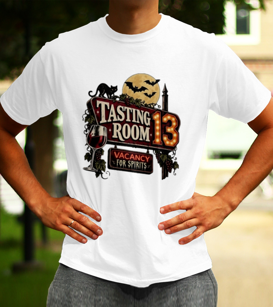 Tasting Room 13 Vacancy For Spirits Halloween Wine Moon Bats Cat T-Shirt