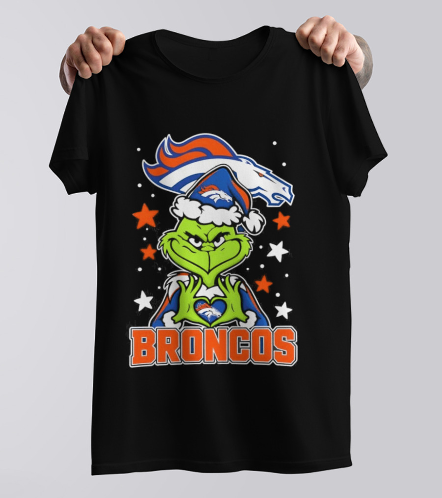 Broncos Christmas Grinch Heart Hands Love Denver Football T-Shirt