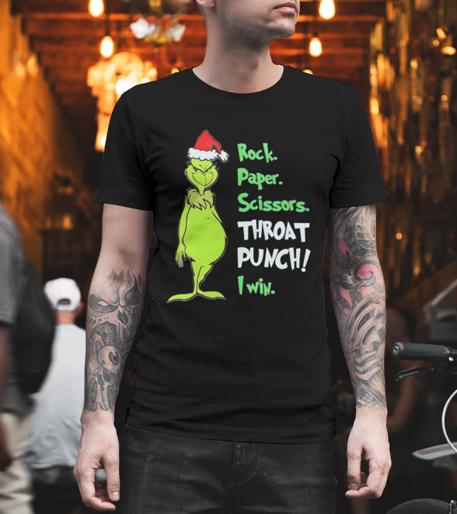 Rock Paper Scissors Throat Punch I Win Grinch With Santa Hat T-Shirt