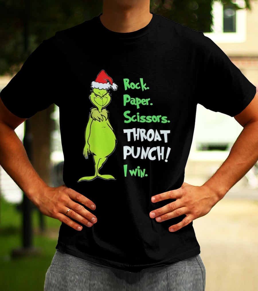 Rock Paper Scissors Throat Punch I Win Grinch With Santa Hat T-Shirt