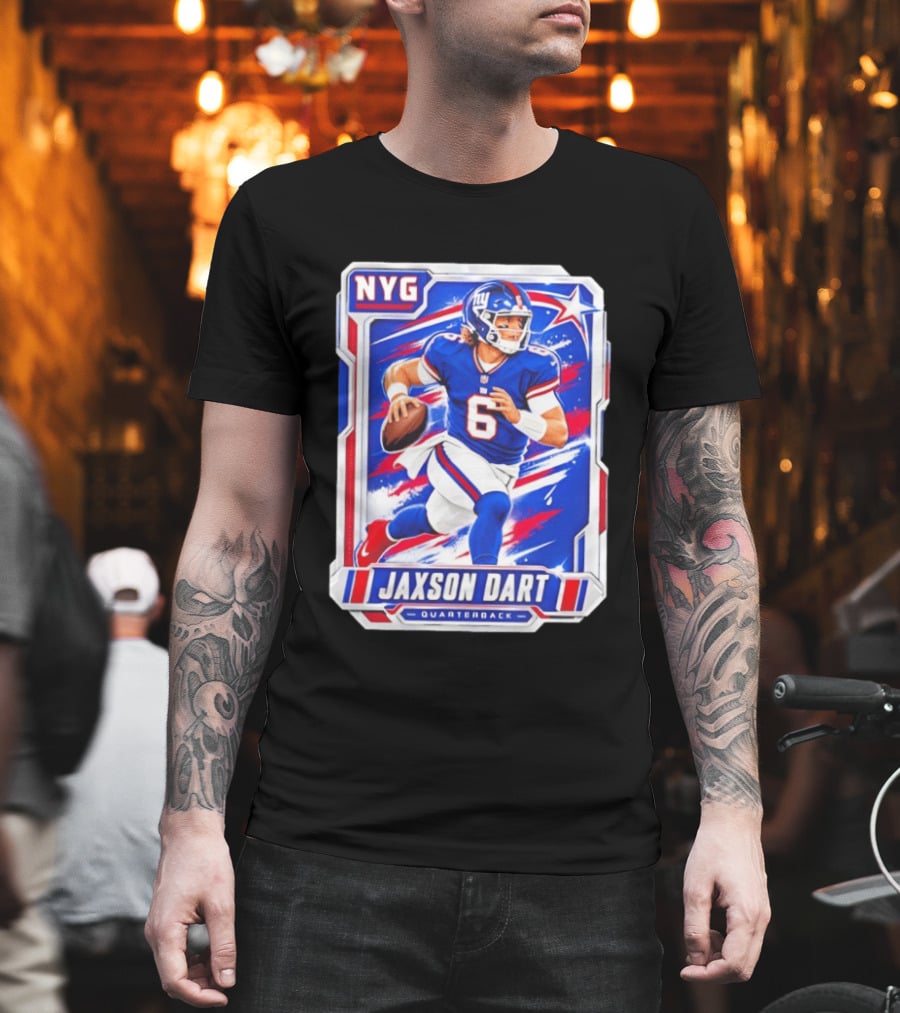 NYG Jaxson Dart 2026 Trading Card Blue Jersey Quarterback T-Shirt