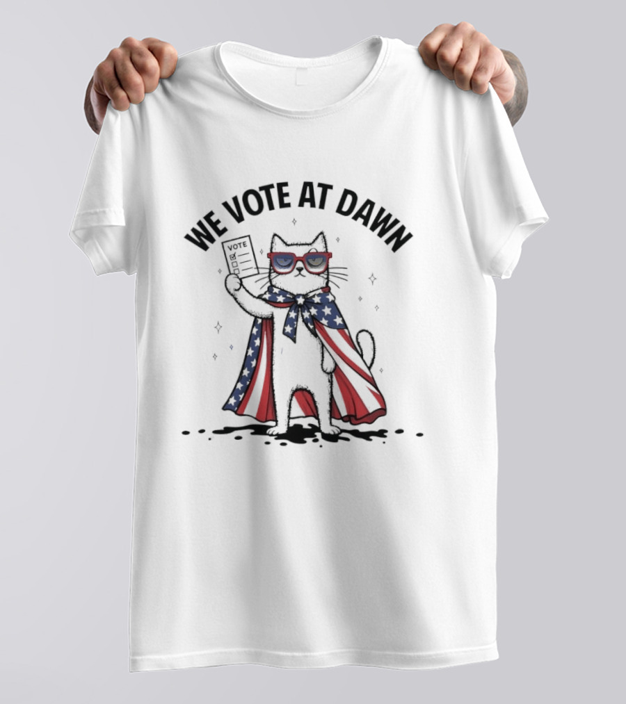 We Vote At Dawn Patriotic Cat With Stars And Stripes Cape And Glasses T-Shirt