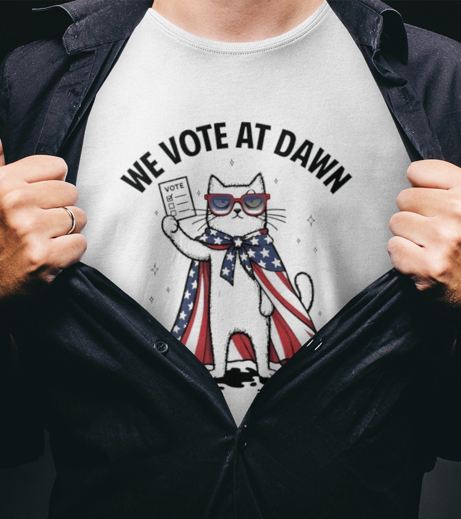 We Vote At Dawn Patriotic Cat With Stars And Stripes Cape And Glasses T-Shirt