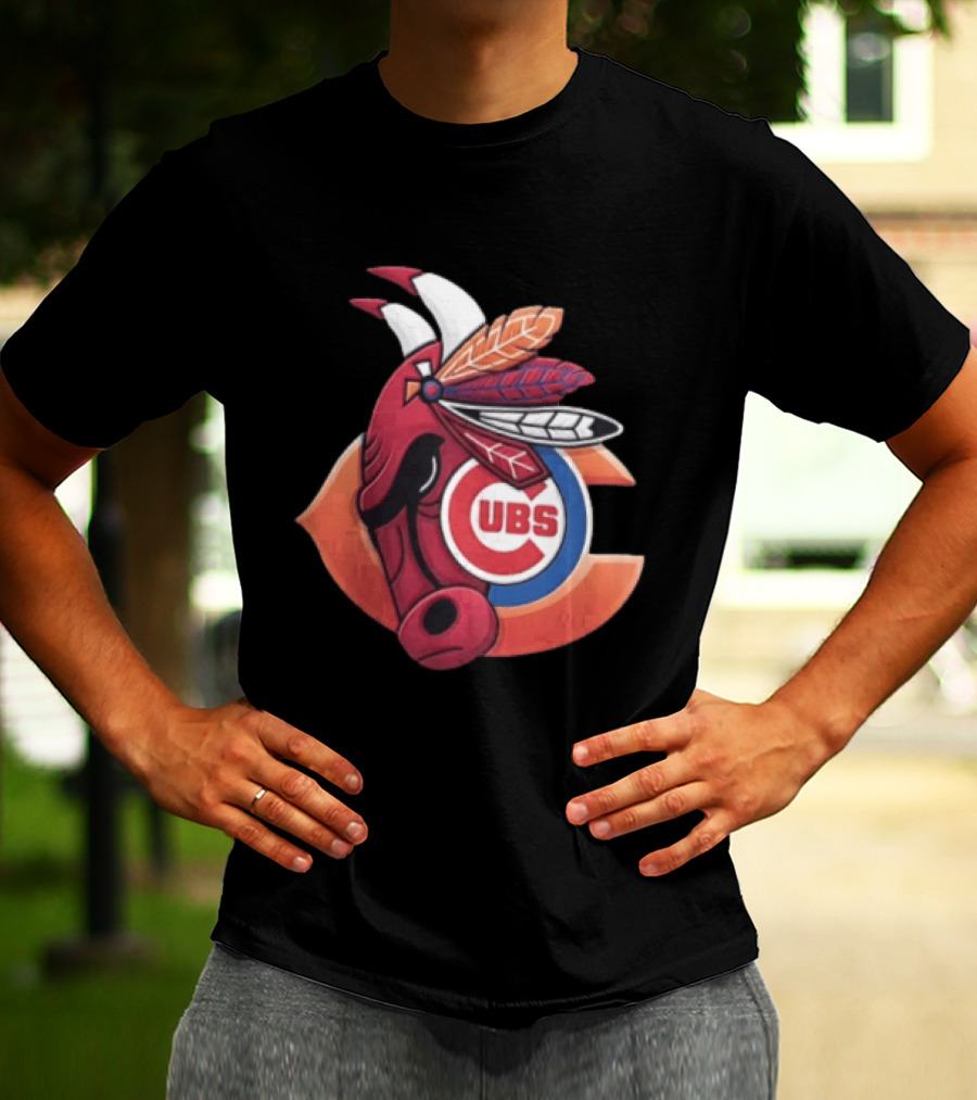 Chicago Bears Cubs Red Bull Native American Headdress T-Shirt