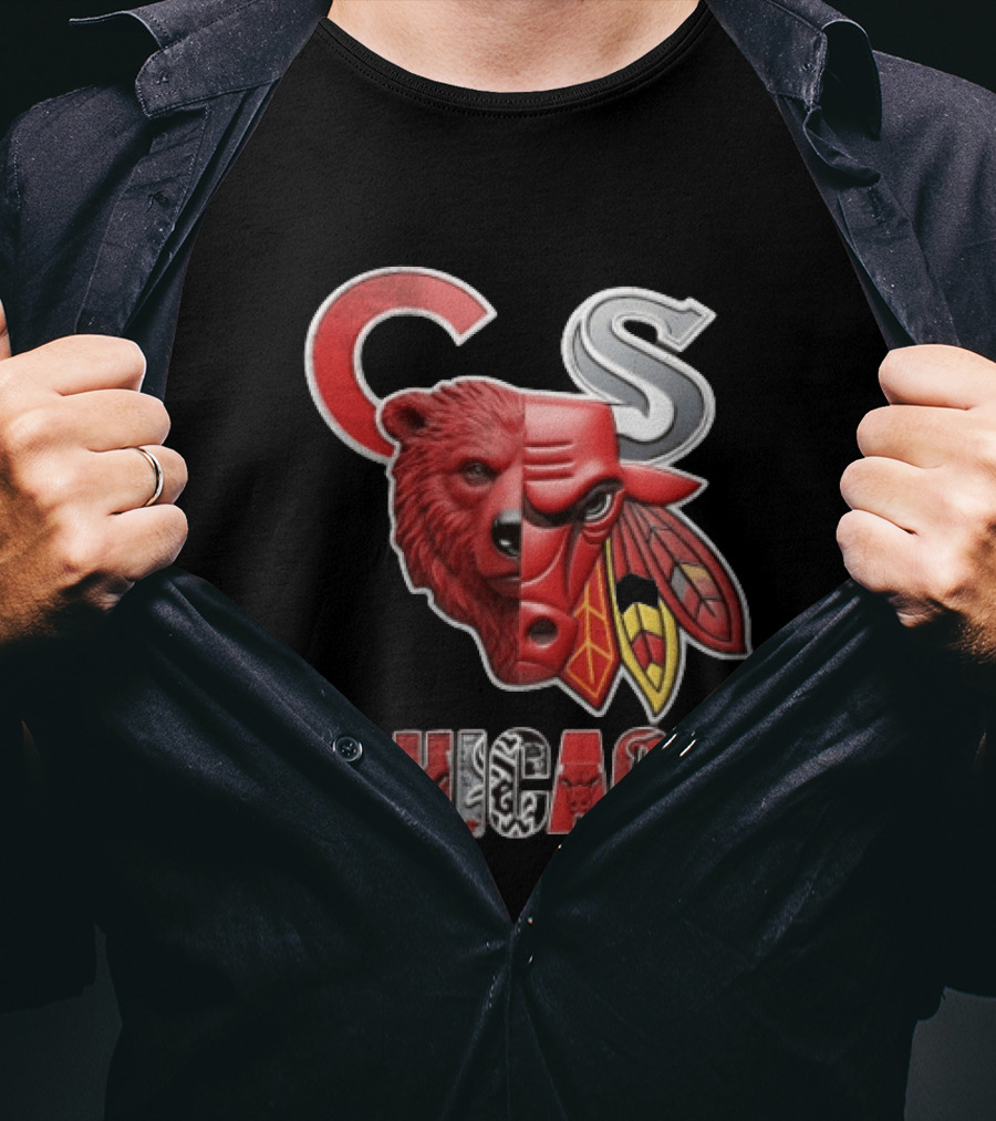 Chicago Cubs Bulls Blackhawks Split Face Bear Bull T-Shirt