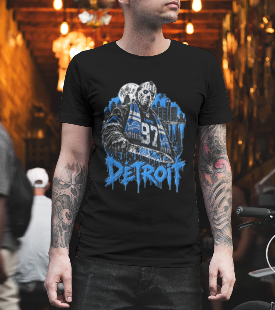 Detroit Lions Aidan Hutchinson 97 Jason Voorhees Knife Detroit Skyline Lions T-Shirt