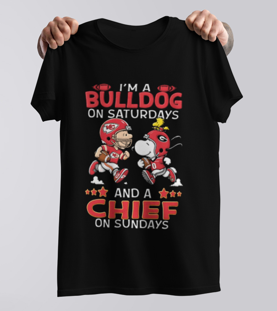I'm A Bulldog On Saturdays And A Chief On Sundays Charlie Brown Snoopy Woodstock T-Shirt