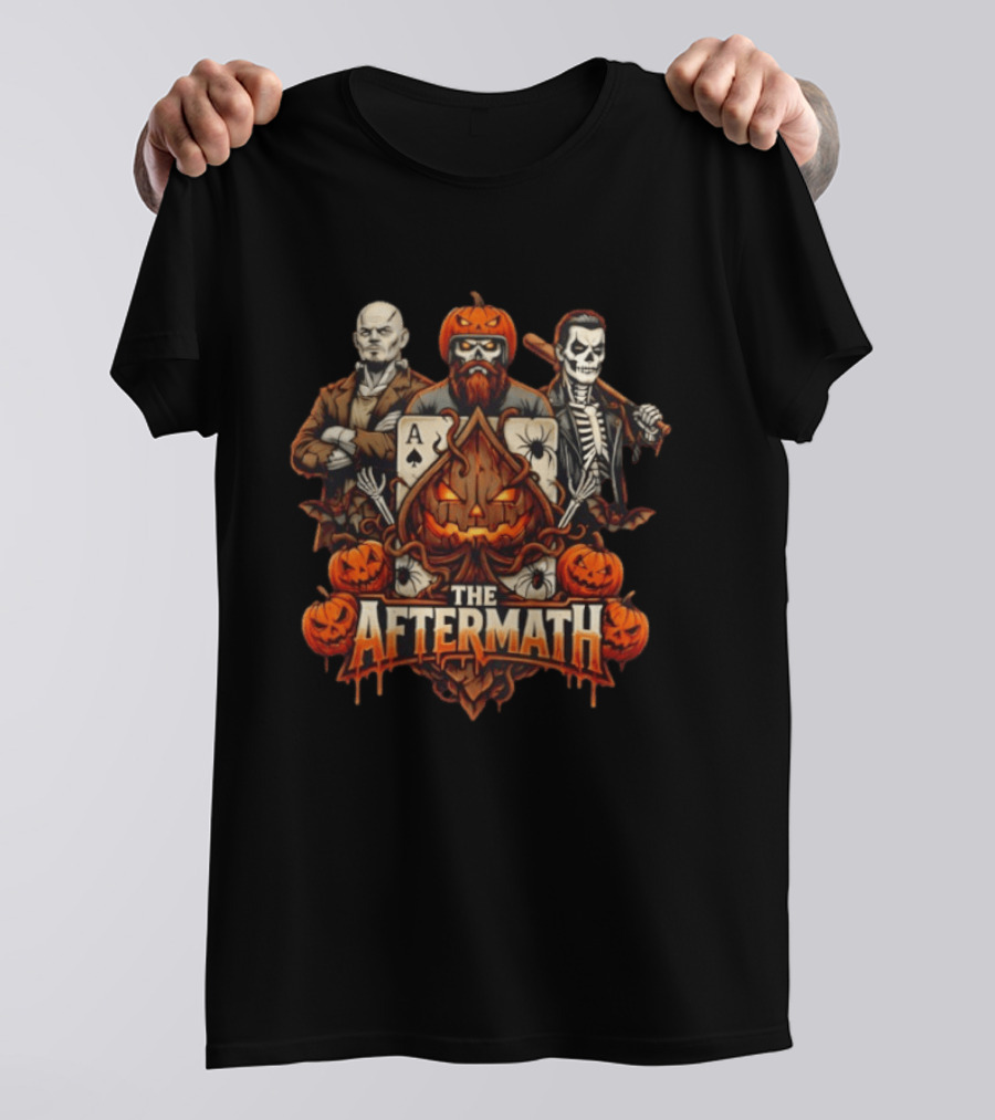 The Aftermath Halloween Pumpkin Trio With Cards Skeleton And Bald Man 2026 T-Shirt