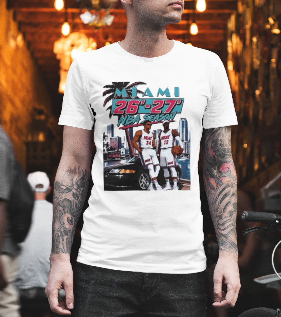 Miami Heat 26 27 NBA Season Palm Trees Skyline Players T-Shirt