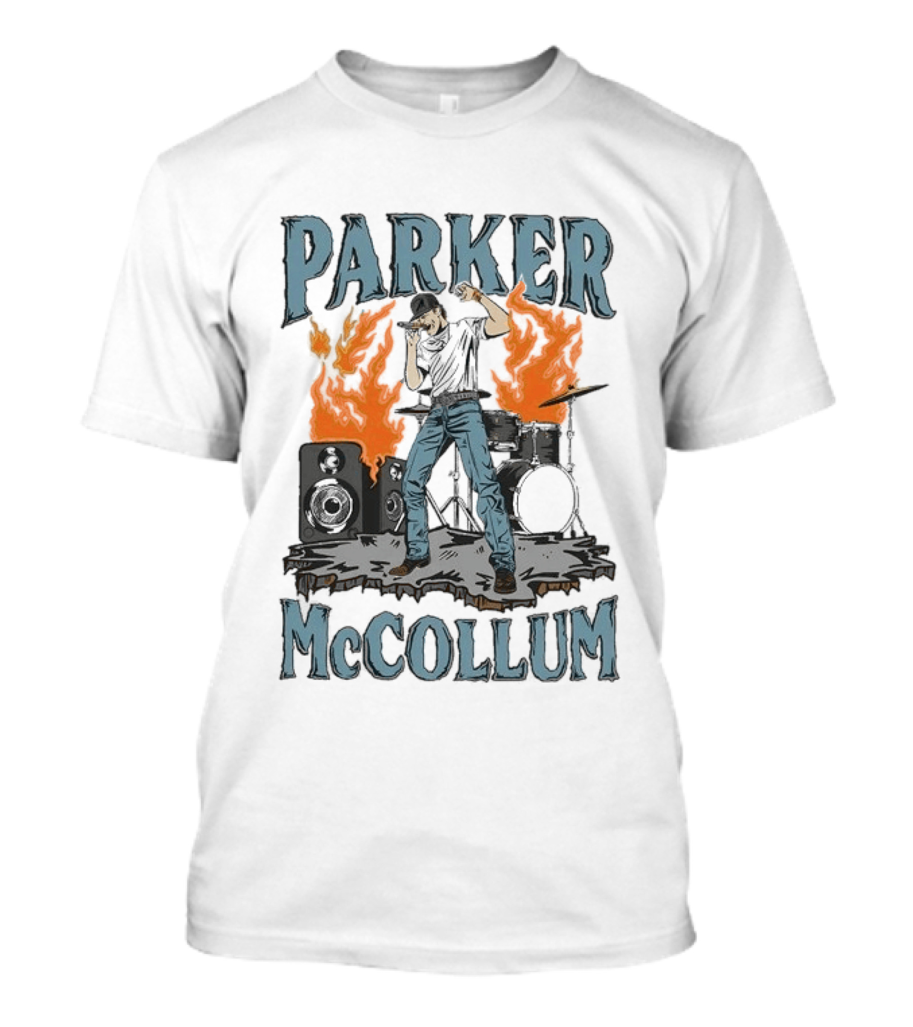 Parker Mccollum Cartoon Flames Concert Scene With Drums And Speakers T-Shirt