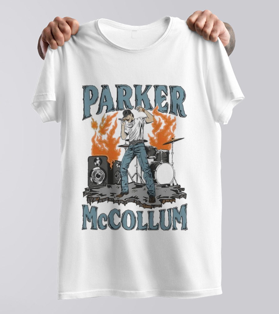Parker Mccollum Cartoon Flames Concert Scene With Drums And Speakers T-Shirt