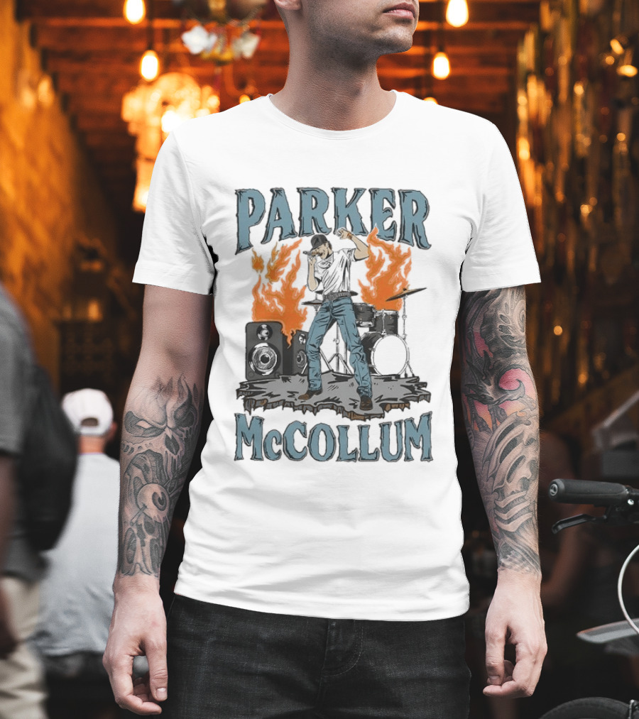 Parker Mccollum Cartoon Flames Concert Scene With Drums And Speakers T-Shirt