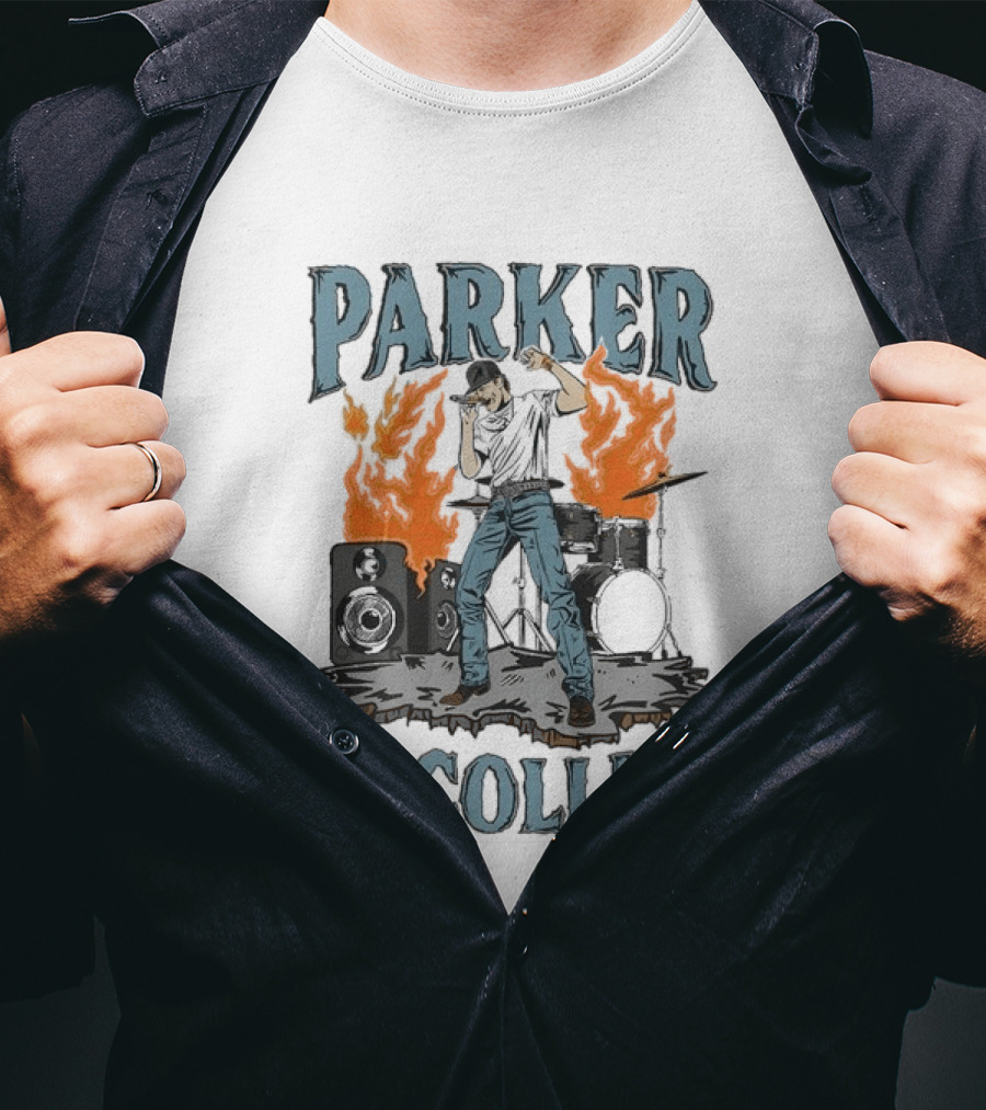 Parker Mccollum Cartoon Flames Concert Scene With Drums And Speakers T-Shirt