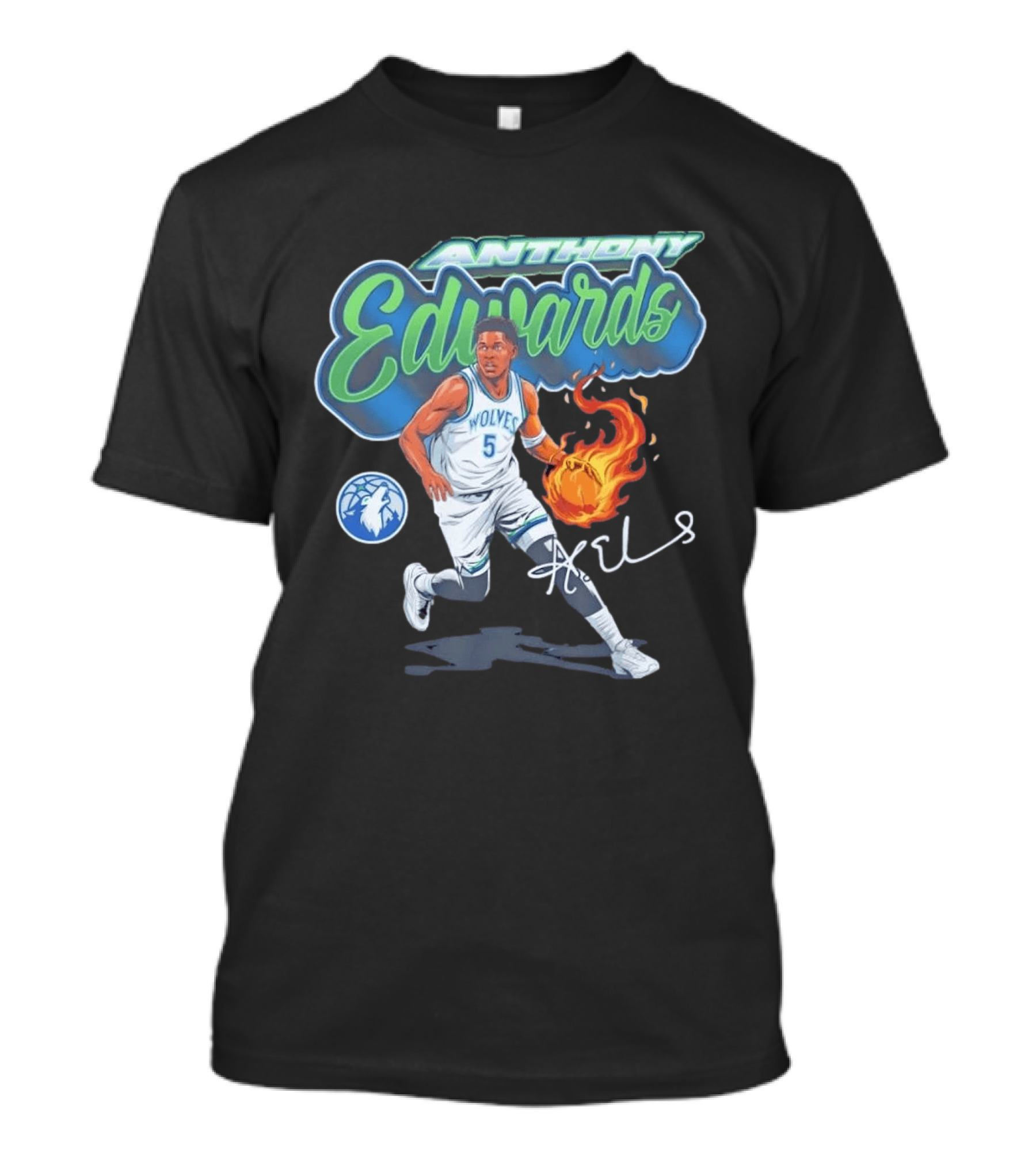 Anthony Edwards Wolves Cursive Script Basketball Flame Edit T-Shirt