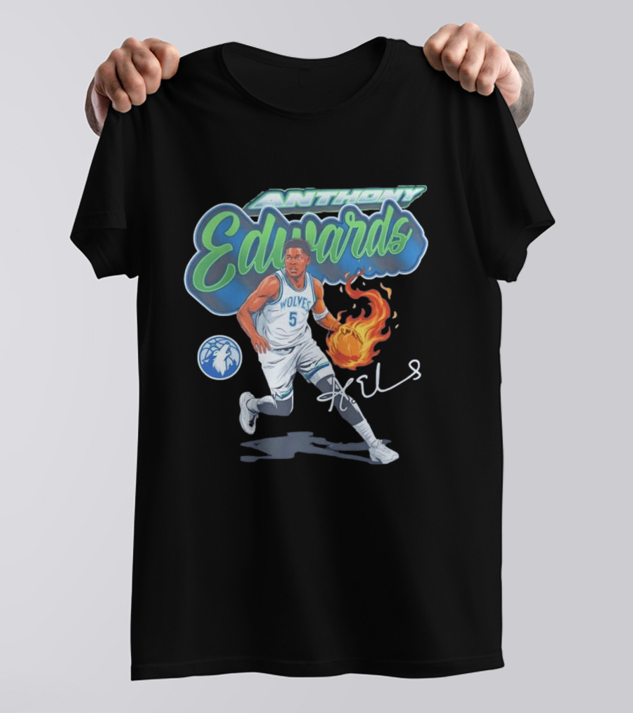 Anthony Edwards Wolves Cursive Script Basketball Flame Edit T-Shirt