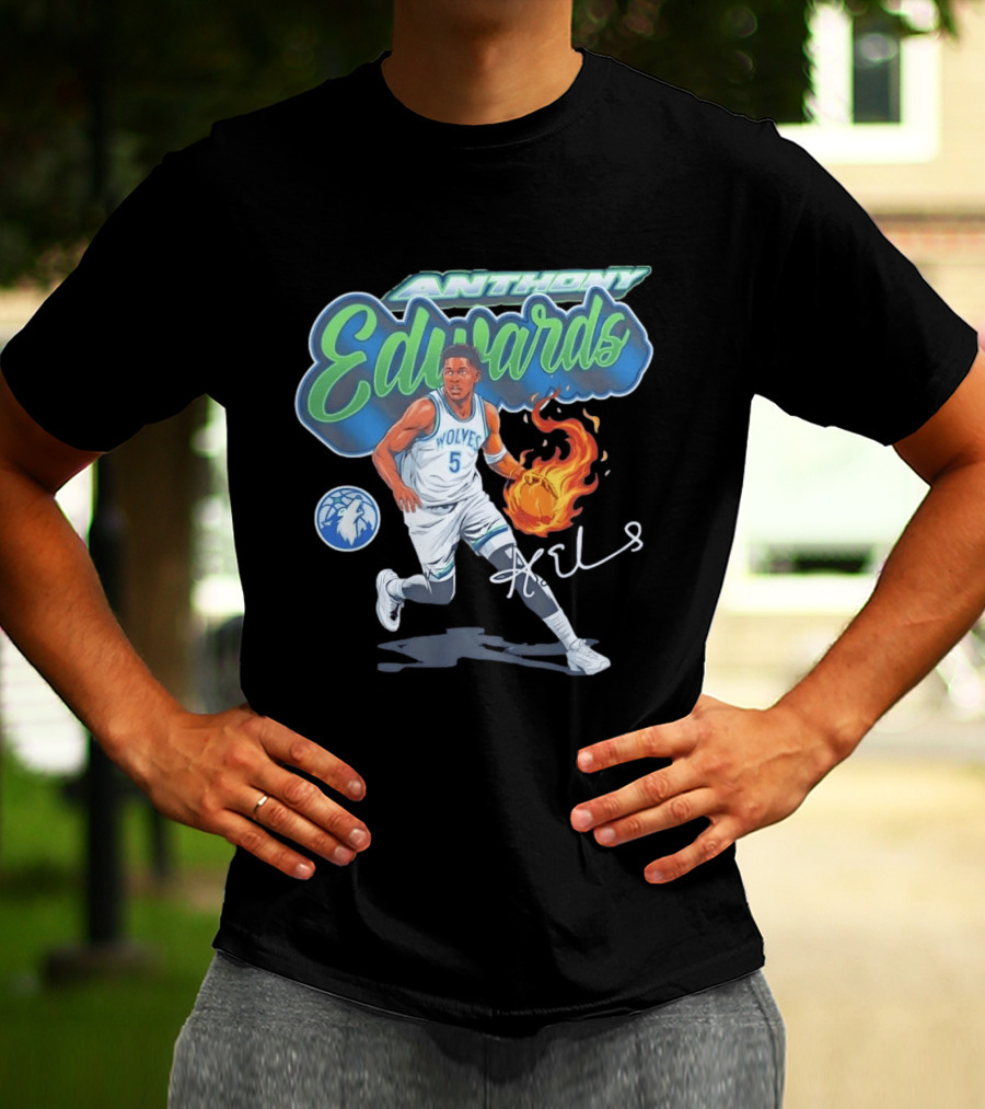 Anthony Edwards Wolves Cursive Script Basketball Flame Edit T-Shirt