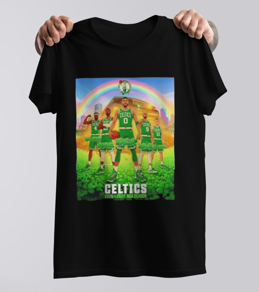 Boston Celtics 2026 2027 NBA Season Tatum George White Robinson Pritchard Basketball Team Players Under Rainbow Scene T-Shirt