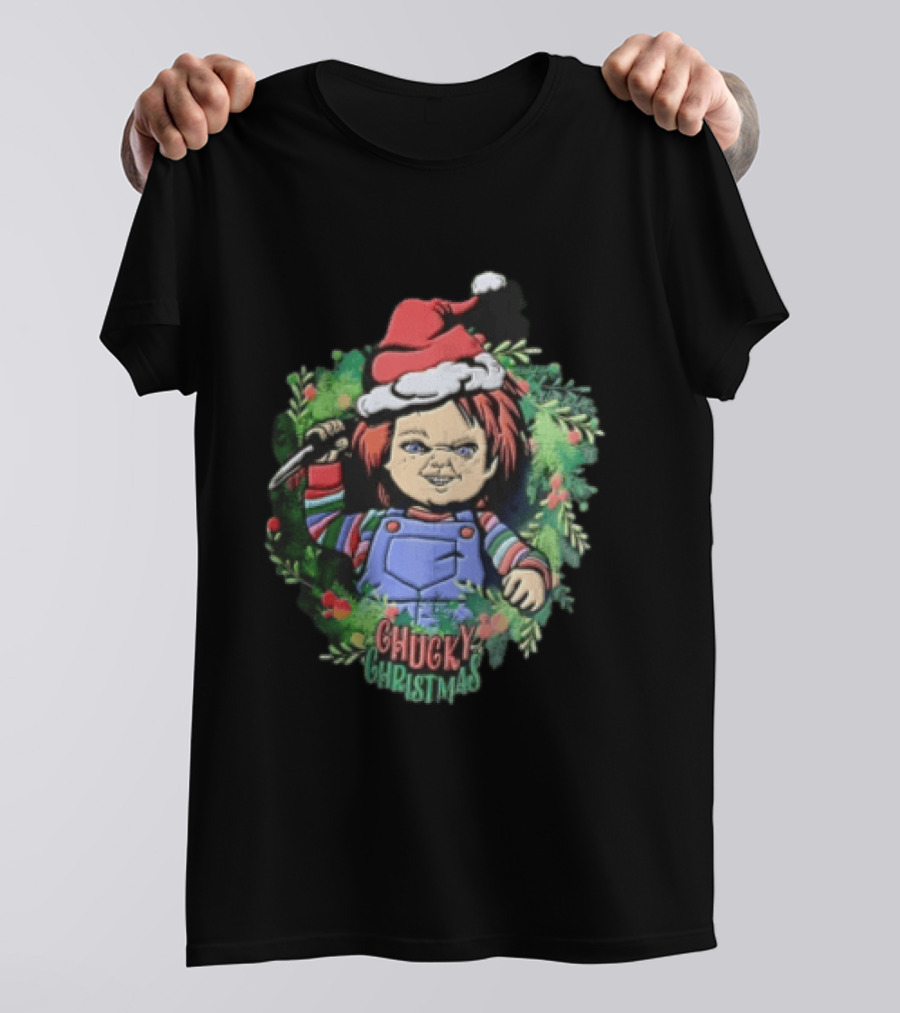 Chucky Christmas Doll Holding Knife In Festive Wreath With Santa Hat T-Shirt