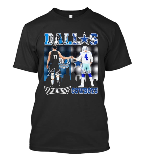 Dallas Mavericks Cowboys Skyline Signatures Luka Doncic Dak Prescott T-Shirt