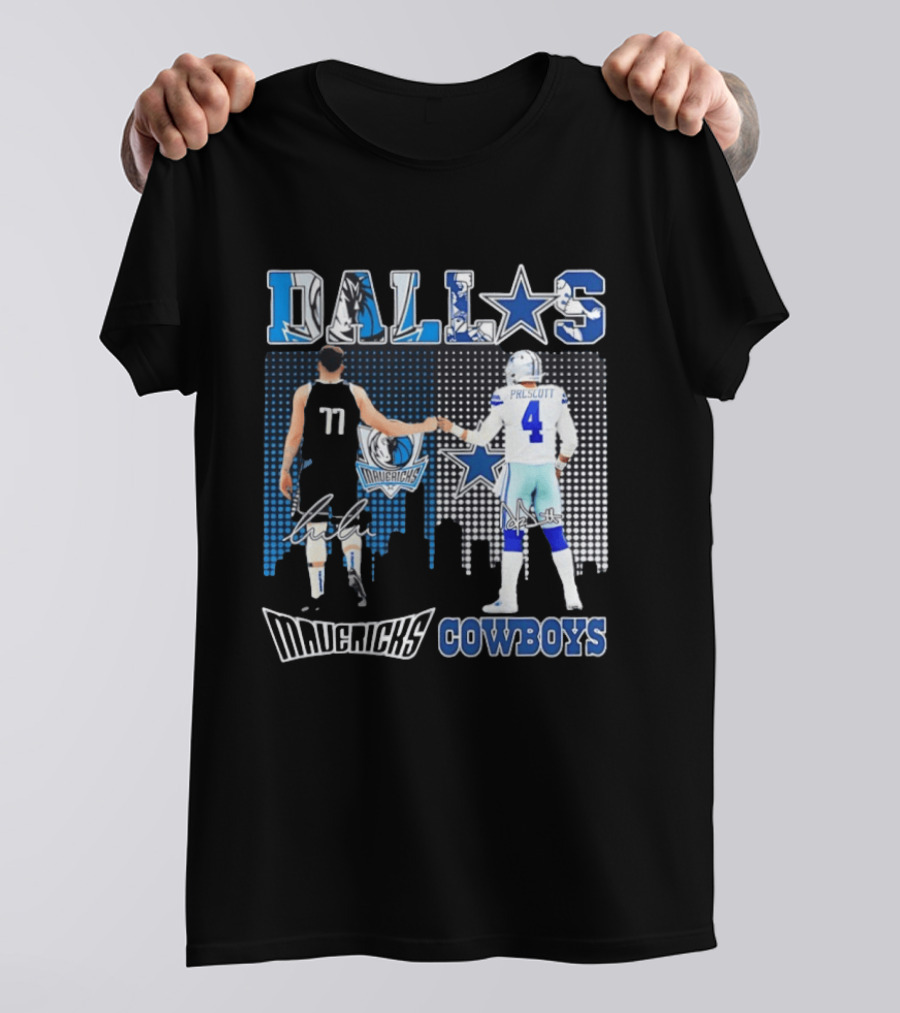 Dallas Mavericks Cowboys Skyline Signatures Luka Doncic Dak Prescott T-Shirt