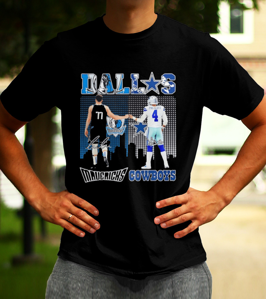 Dallas Mavericks Cowboys Skyline Signatures Luka Doncic Dak Prescott T-Shirt