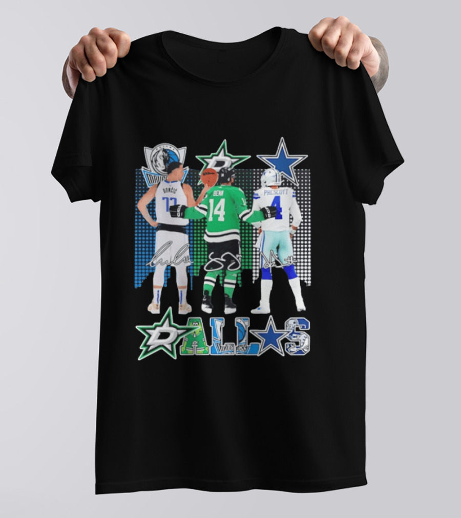 Dallas Mavericks Stars Signatures Skyline Luka Doncic Benn Dallas Cowboys T-Shirt