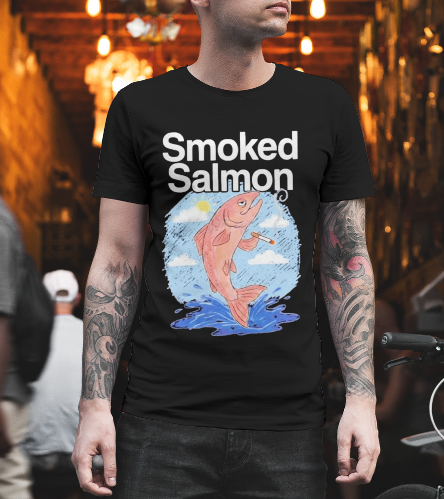 Smoked Salmon Smoking Fish Humorous Cartoon Design With Cloud And Water T-Shirt
