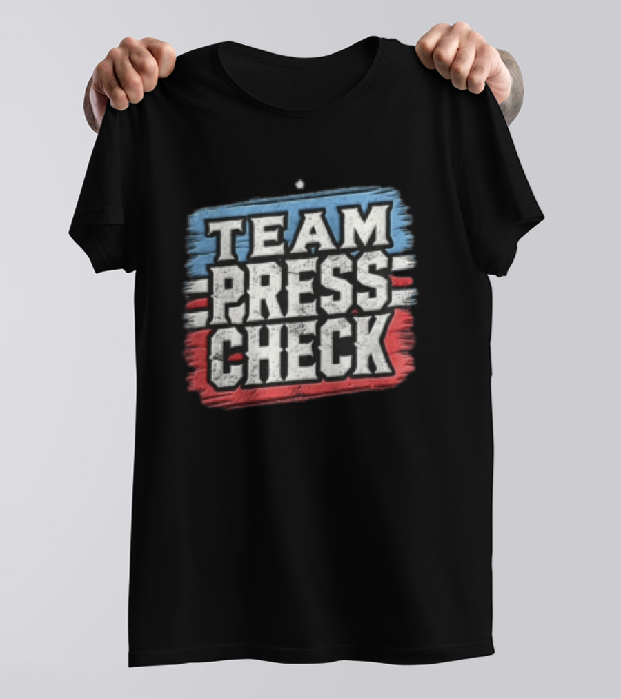 Team Press Check Bold Text On Red And Blue Stripes T-Shirt