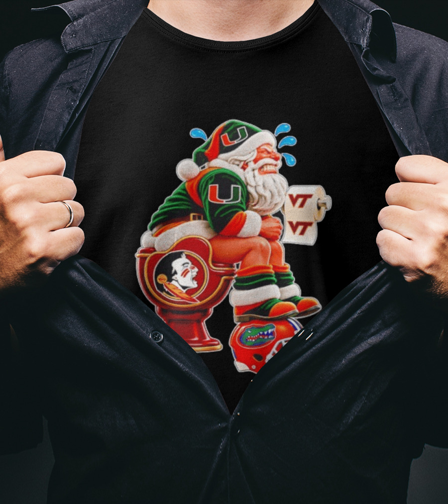 Miami Hurricanes Santa Claus Laughing On Florida State Toilet With Virginia Tech Toilet Paper And Florida Gators Helmet T-Shirt