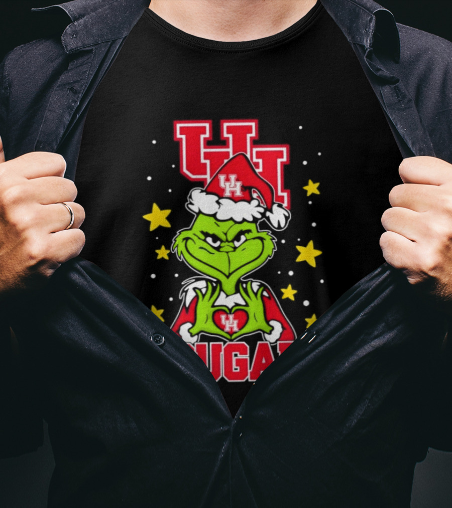 Grinch UH Houston Cougars Christmas Santa Hat Snow Stars T-Shirt