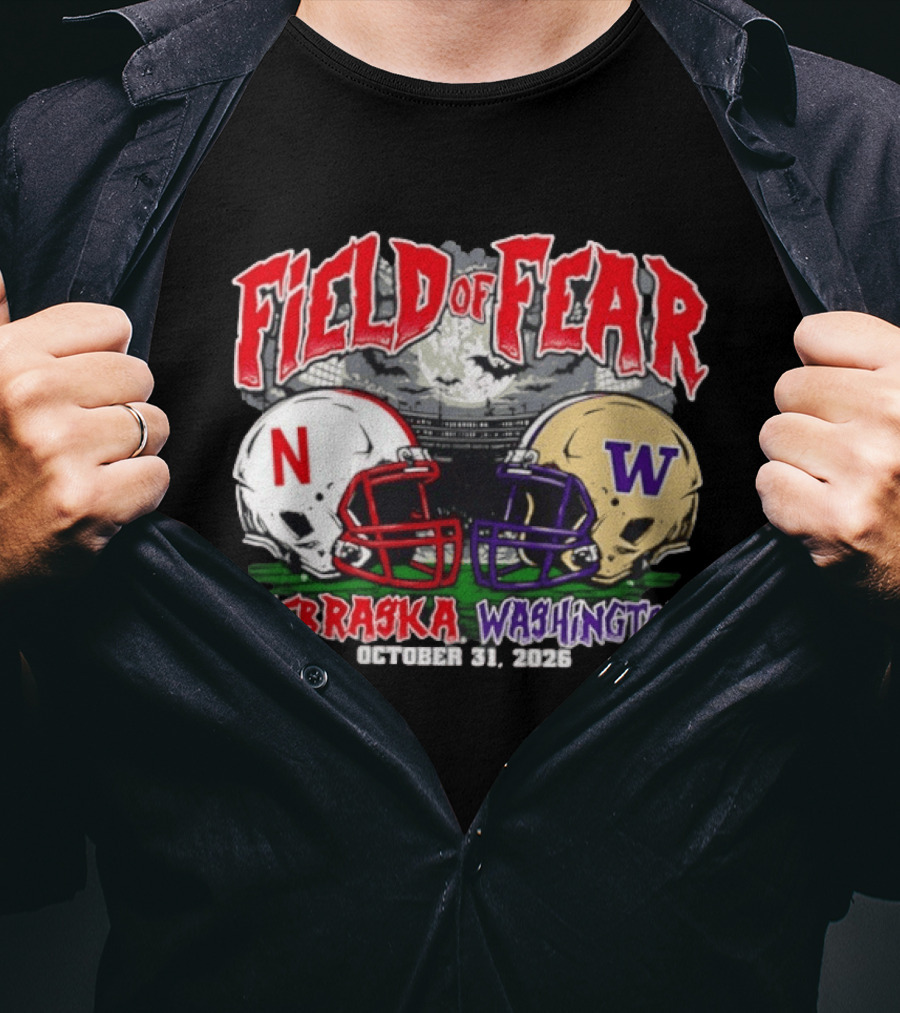 Field Of Fear 2026 Nebraska Cornhuskers Vs Washington Huskies Halloween October 31 T-Shirt