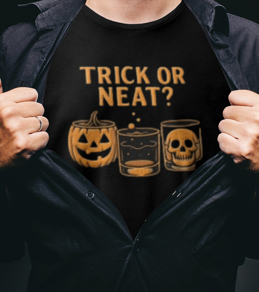 Trick Or Neat Jack O Lantern Whiskey Glass Skull T-Shirt