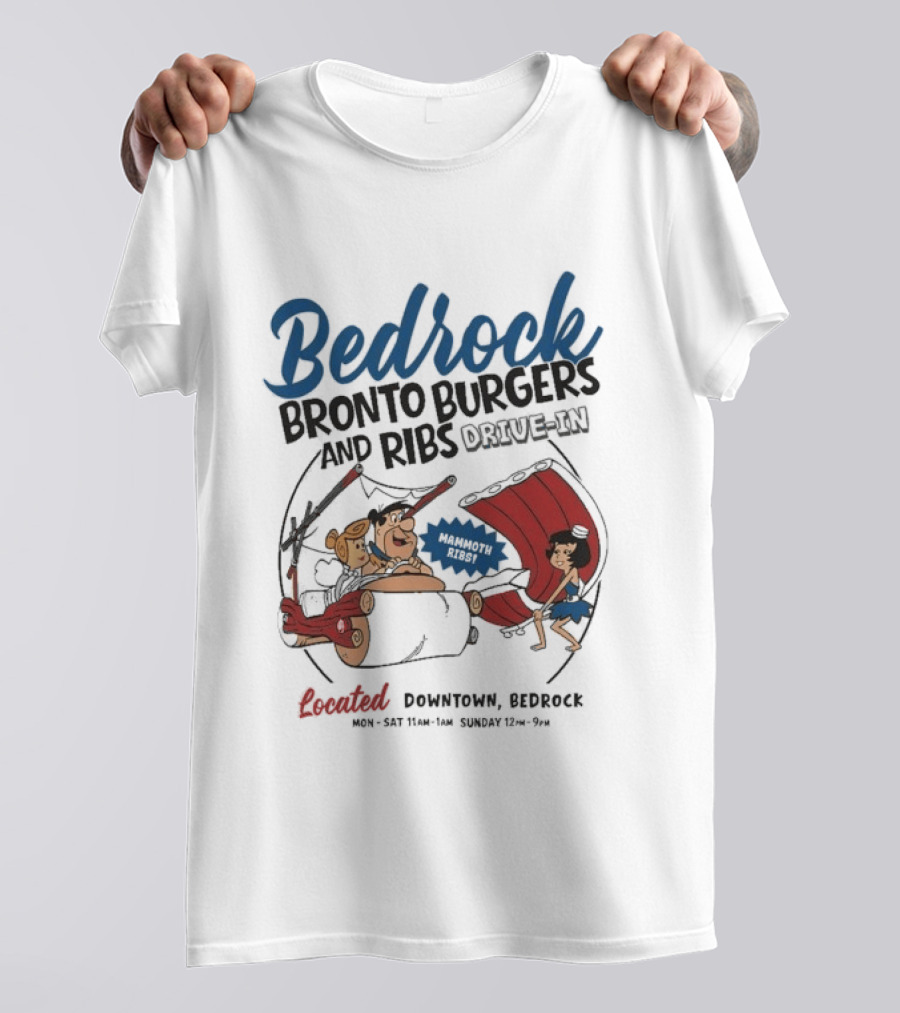 Bedrock Bronto Burgers And Ribs Drive In Downtown Bedrock Fred Flintstone Car And Dino Ribs T-Shirt