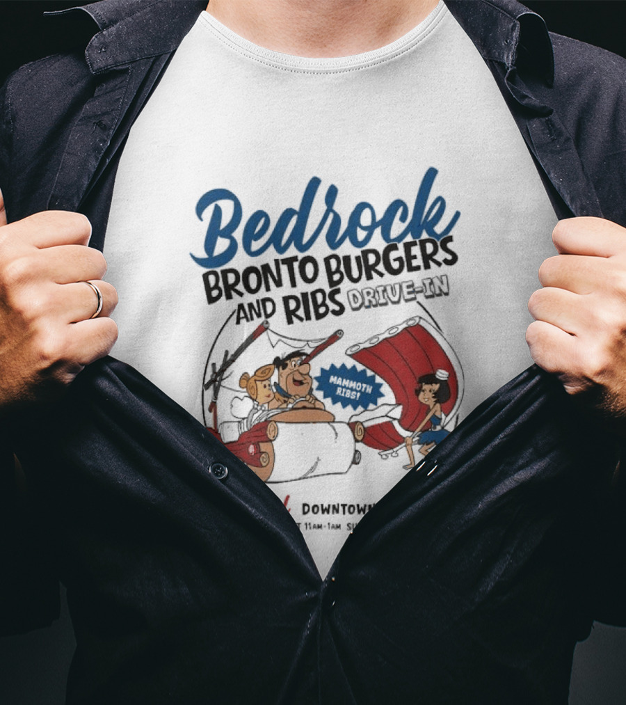 Bedrock Bronto Burgers And Ribs Drive In Downtown Bedrock Fred Flintstone Car And Dino Ribs T-Shirt