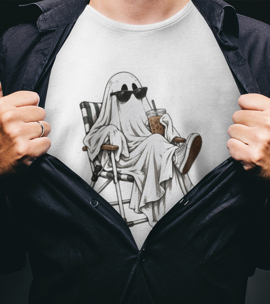 Ghosting You Halloween Cool Ghost With Iced Coffee And Sunglasses T-Shirt