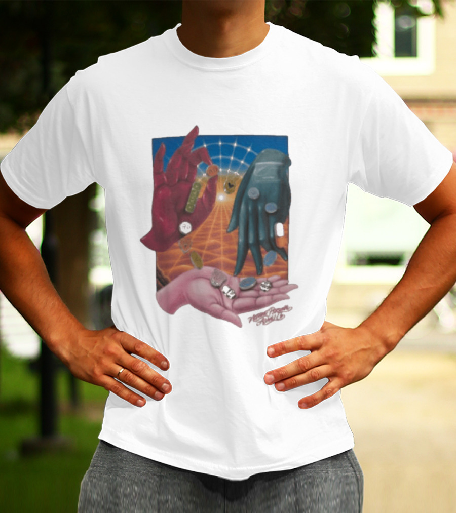 Nothing Personal X Asaali Surreal Hands With Coins And Geometric Grid T-Shirt