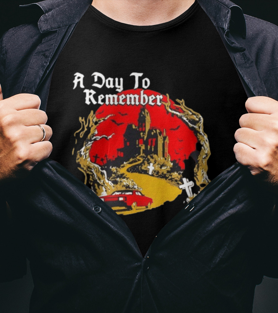 A Day To Remember Haunted House Red Car Cemetery Scene T-Shirt